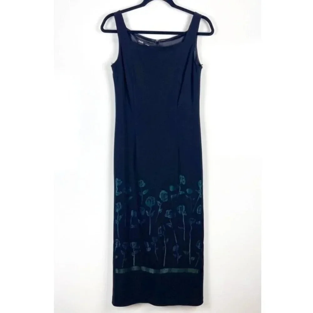 Vintage Rimini by Shaw Black Ombre Floral Midi Dress 90s Sheer Overlay Grunge